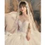 Luxe Champagne Robe De Mariée 2020 Robe Boule Encolure Dégagée Perlage Faux Diamant Paillettes En Dentelle Fleur Manches Courtes Royal Train