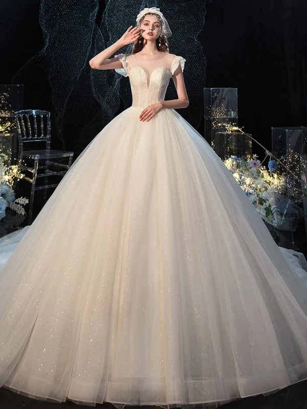 Charmant Champagne Robe De Mariée 2020 Robe Boule Encolure Dégagée Perlage Paillettes Sans Manches Dos Nu Royal Train