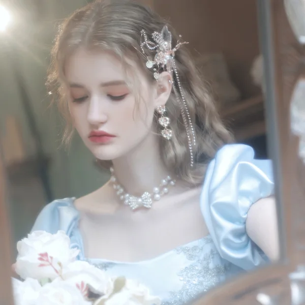 Elegant Sky Blue Satin Homecoming Graduation Dresses Prom Dresses 2021 A-Line / Princess Square Neckline Glitter Sequins Embroidered Short Sleeve Backless Floor-Length / Long