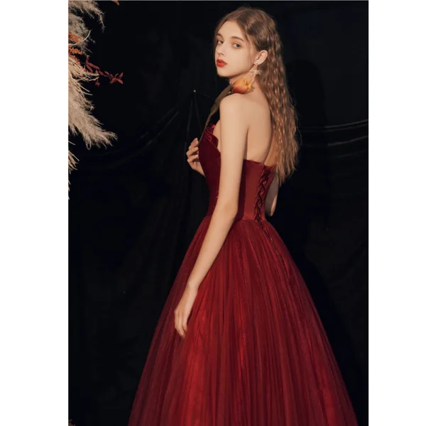 Chic / Belle Bordeaux Robe De Bal 2020 Princesse Bustier Sans Manches Dos Nu Longue Robe De Ceremonie