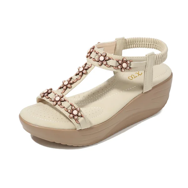 Schöne Sommer Strand Beige Sandalen Damen 2020 Strass T-Riemen 5 cm Keilabsatz Plateau Peeptoes Sandaletten