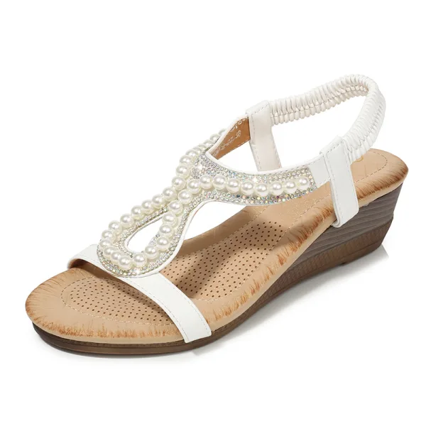 Mode Été Perle Rose Désinvolte Sandales Femme 2020 Perle Faux Diamant 4 cm Compensées Peep Toes / Bout Ouvert Sandales