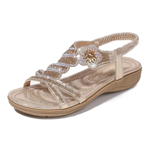 Fashion Summer Gold Street Wear Flat Womens Sandals 2020 Rhinestone Open / Peep Toe Sandals