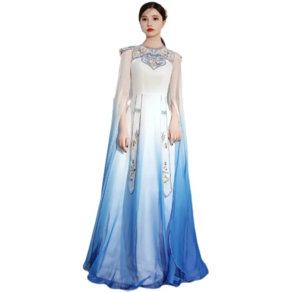 Chinese style Gradient-Color Pool Blue Silk Evening Dresses 2021 A-Line / Princess Scoop Neck Embroidered Short Sleeve Floor-Length / Long Evening Party Formal Dresses