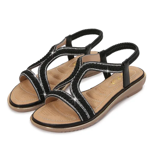 Snygga / Fina Svarta Casual Platt Sandaler Dam 2020 Rhinestone Peep Toe Sandaler