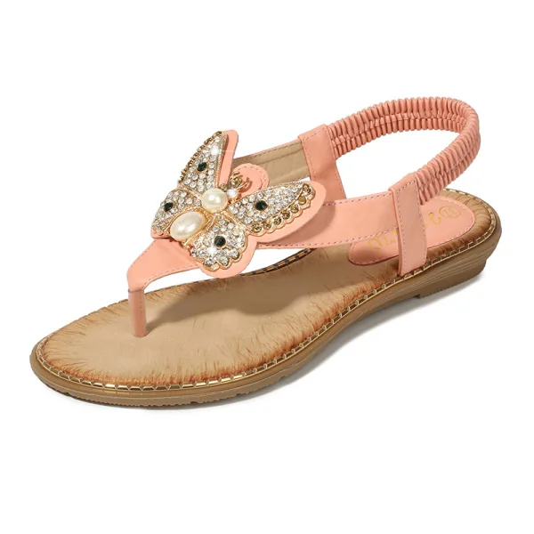 Charming Summer White Beach Flat Womens Shoes 2020 Rhinestone Pearl Butterfly Open / Peep Toe Sandals