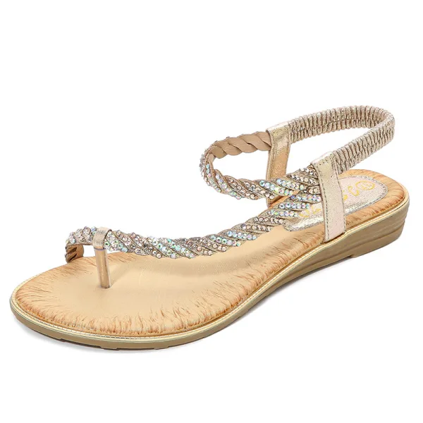 Sjarmerende Sommer Svart Casual Flate Sandaler Dame 2020 Rhinestone Peep Toe Sandaler