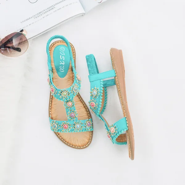 Böhmen Sommer Rosa Strand Sandalen Damen 2020 Perle Strass Peeptoes Flache Sandaletten
