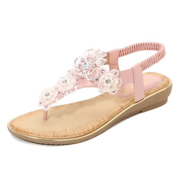 Charmant Jaune Désinvolte Sandales Femme 2020 En Dentelle Fleur Cristal Faux Diamant Perle Peep Toes / Bout Ouvert Plate Sandales