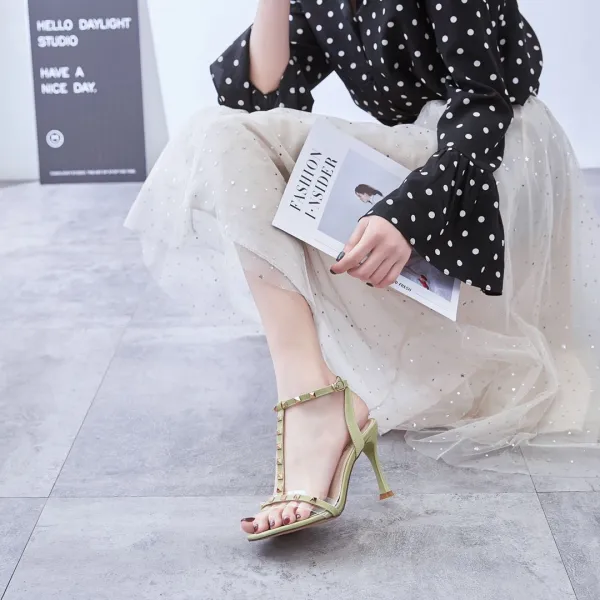 Schöne Salbeigrün Cocktail Sandalen Damen 2020 Niet T-Riemen 10 cm Stilettos Peeptoes Sandaletten