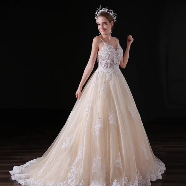 Elegant Champagne Wedding Dresses 2018 A-Line / Princess Appliques Lace Sequins Spaghetti Straps Backless Sleeveless Sweep Train Wedding