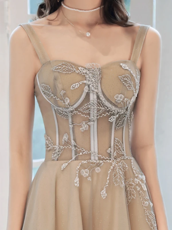 Élégant Champagne Robe De Soirée 2020 Princesse Encolure Carrée Perlage Paillettes Sans Manches Dos Nu Longue Robe De Ceremonie