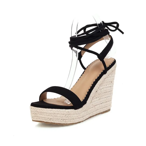 Chic / Belle Noire Désinvolte Tresser Sandales Femme 2020 Bride Cheville 11 cm Compensées Plateforme Peep Toes / Bout Ouvert Sandales