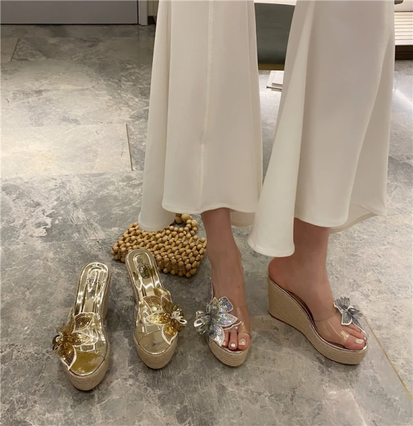 Chic / Beautiful Silver Outdoor / Garden Womens Sandals 2020 Pearl Rhinestone Sequins 11 cm Wedges Platform Open / Peep Toe Sandals