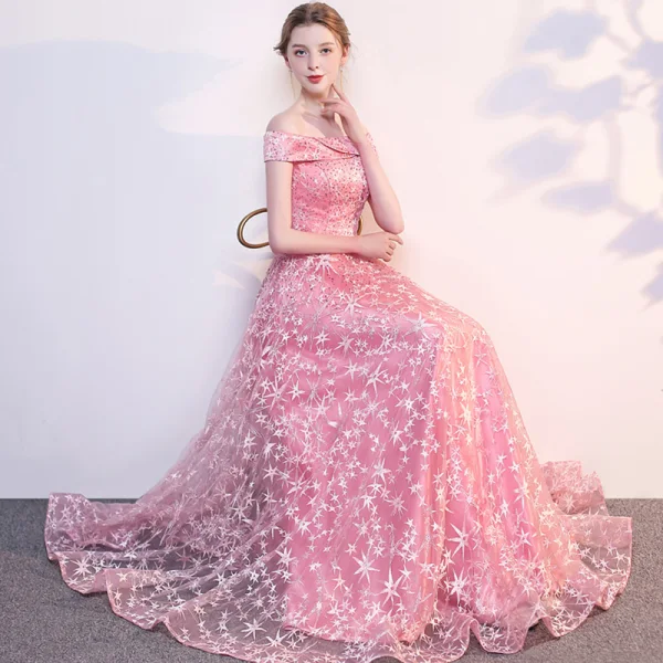 Mode Rosa Selskabskjoler 2018 Prinsesse Stjerne Broderet Rhinestone Off-The-Shoulder Ærmeløs Halterneck Lange Kjoler