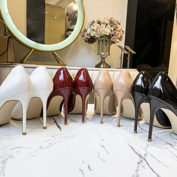 Fashion Burgundy Office OL Pumps 2020 Patent Leather 10 cm Stiletto Heels Pointed Toe Pumps