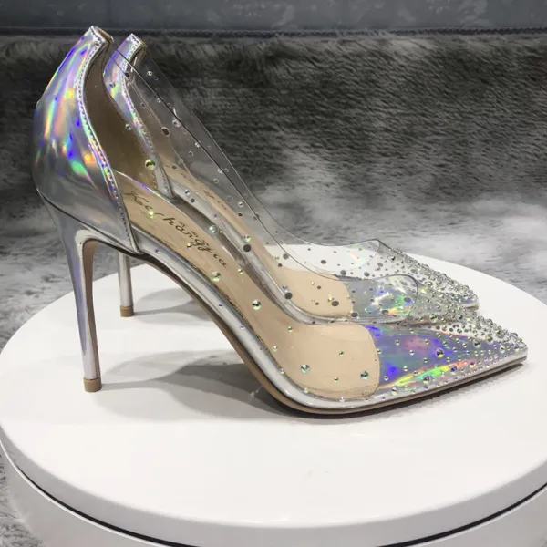 Charming Transparent Silver Cocktail Party Laser Pumps 2020 Rhinestone 10 cm Stiletto Heels Pointed Toe Pumps