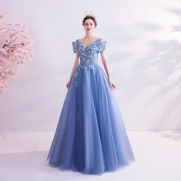 Flower Fairy Pool Blue Prom Dresses 2020 A-Line / Princess V-Neck Pearl Lace Flower Short Sleeve Backless Floor-Length / Long Formal Dresses