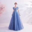 Flower Fairy Pool Blue Prom Dresses 2020 A-Line / Princess V-Neck Pearl Lace Flower Short Sleeve Backless Floor-Length / Long Formal Dresses