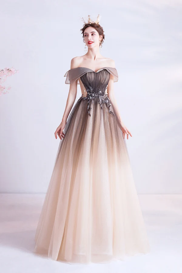 Élégant Chocolat Dégradé De Couleur Robe De Bal 2020 Princesse De l'épaule Perlage Paillettes Manches Courtes Dos Nu Longue Robe De Ceremonie