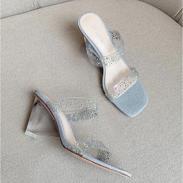 Transparent Sexy Gold Casual Womens Sandals 2020 Rhinestone 6 cm Thick Heels Open / Peep Toe Sandals