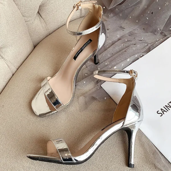 Sexy Noire Cocktail Cuir Verni Sandales Femme 2020 Bride Cheville 9 cm Talons Aiguilles Peep Toes / Bout Ouvert Sandales