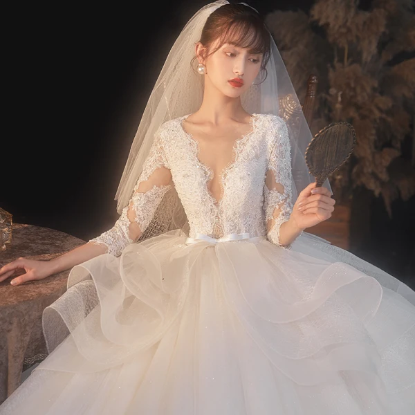 Fashion Elegant White Lace Flower Cascading Ruffles Wedding Dresses 2021 A-Line / Princess Deep V-Neck Bow 3/4 Sleeve Backless Royal Train Wedding