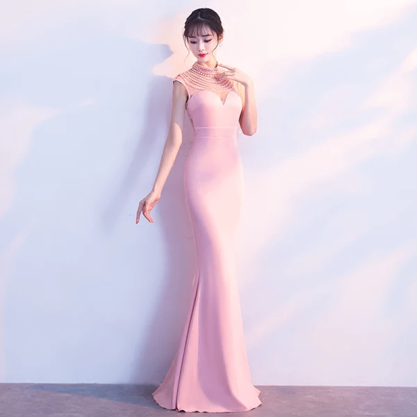 Elegant Rosa Selskabskjoler 2018 Havfrue Beading Perle Rhinestone Scoop Neck Ærmeløs Lange Kjoler
