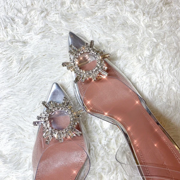 Transparent Silver Gatukläder Slingback Sandaler Dam 2020 Rhinestone 9 cm Stilettklackar Spetsiga Sandaler