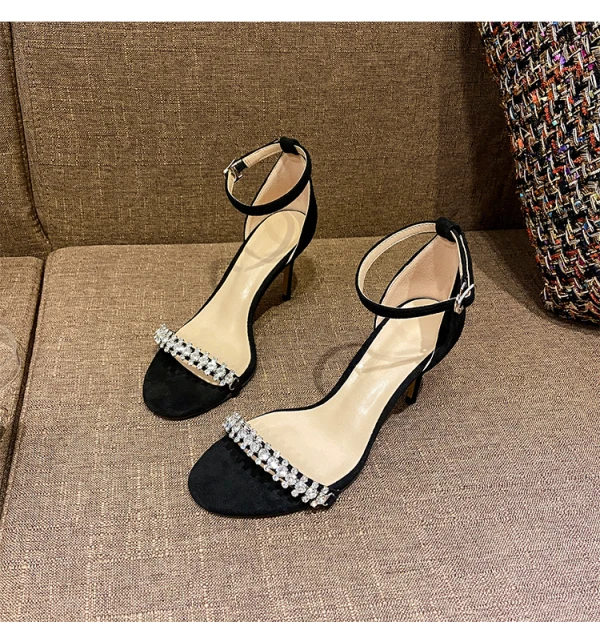 Charmant Noire Soirée Sandales Femme 2020 Faux Diamant Bride Cheville 10 cm Talons Aiguilles Peep Toes / Bout Ouvert Sandales