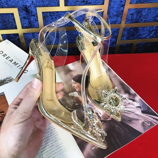 Sexy Gold Evening Party Womens Sandals 2020 Ankle Strap Rhinestone 10 cm Stiletto Heels Pointed Toe Sandals