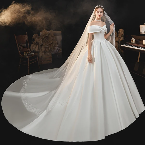 Modest / Simple Elegant Ivory Satin Wedding Dresses 2021 Ball Gown Off-The-Shoulder Bow Short Sleeve Backless Cathedral Train Wedding