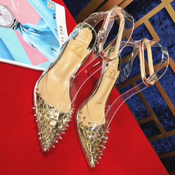 Charmant Gold Abend Niet Sandalen Damen 2020 Knöchelriemen 10 cm Stilettos Spitzschuh Sandaletten