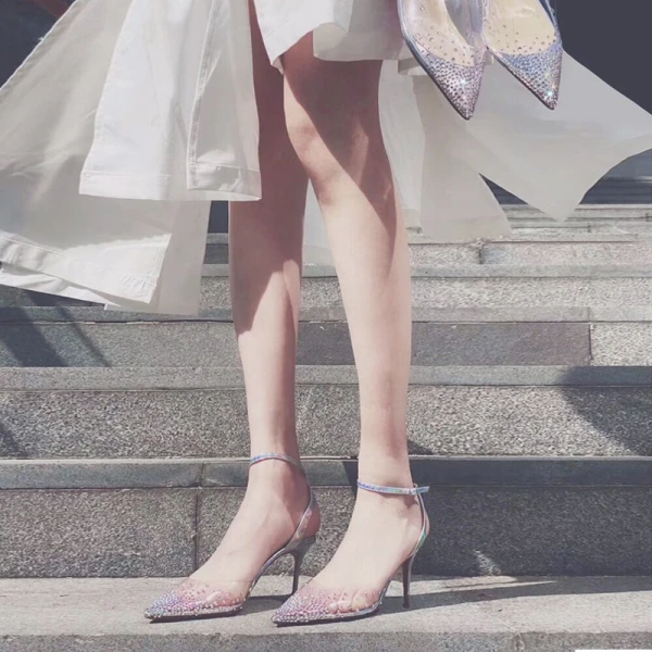 Sexy Silver Cocktail Party Laser Womens Sandals 2020 10 cm Stiletto Heels Rhinestone Ankle Strap Pointed Toe Sandals