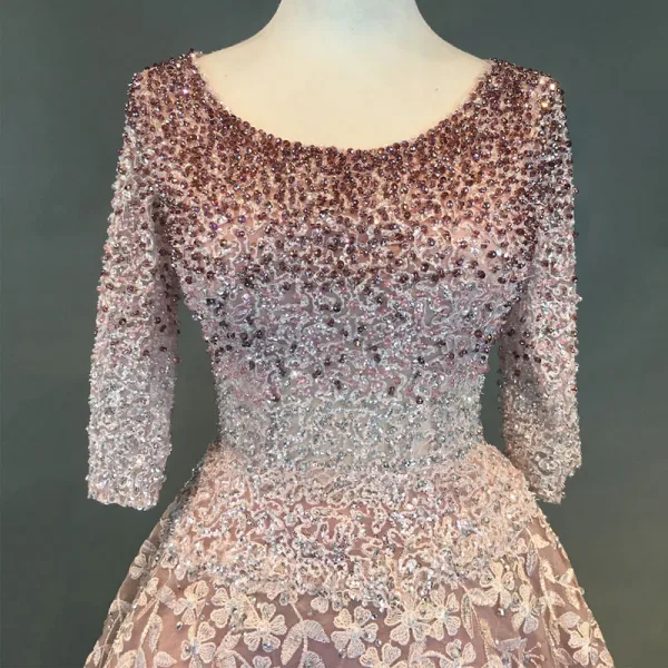 Chic / Beautiful Blushing Pink Prom Dresses 2018 Ball Gown Appliques Lace Handmade Beading Crystal Sequins Scoop Neck 3/4 Sleeve Sweep Train Formal Dresses