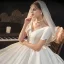 Elegant Enkel Satin Elfenben Sløyfe Brudekjoler 2021 Ballkjole V-Hals Korte Ermer Ryggløse Royal Train Bryllup