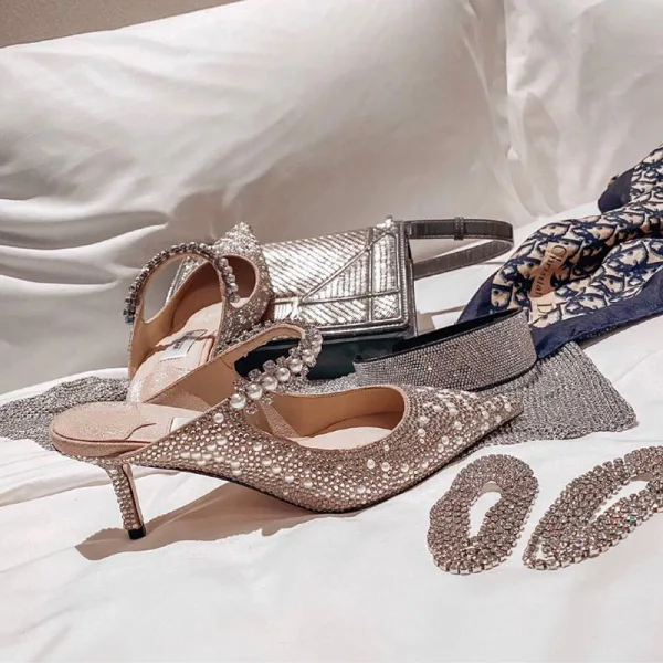 Charmant Champagne Cocktail Sandales Femme 2020 Cuir Perle Faux Diamant 8 cm Talons Aiguilles À Bout Pointu Sandales