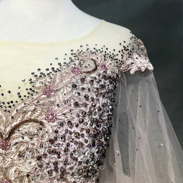 Luxe Perle Rose Robe De Soirée 2018 Princesse Appliques En Dentelle Perlage Cristal Faux Diamant Paillettes Encolure Dégagée Dos Nu 1/2 Manches Longue Robe De Ceremonie