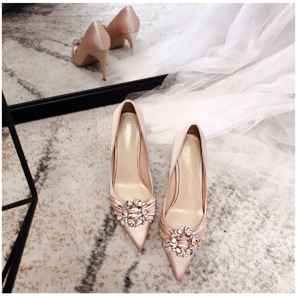 Elegant Champagne Rhinestone Wedding Shoes 2020 Leather 10 cm Stiletto Heels Pointed Toe Wedding Pumps