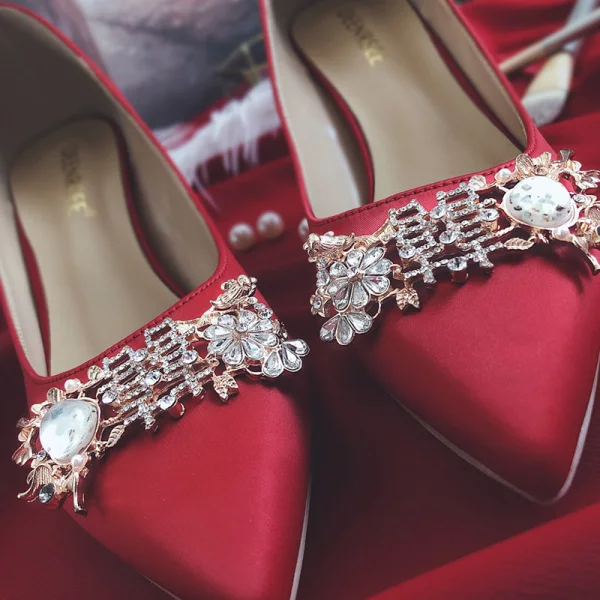 Piękne Czerwone Rhinestone Buty Ślubne 2020 Skórzany 7 cm Szpilki Szpiczaste Ślub Czółenka