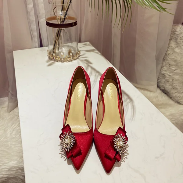 Elegant Burgundy Leather Wedding Shoes 2020 Pearl Rhinestone Bow 10 cm Stiletto Heels Pointed Toe Wedding Pumps