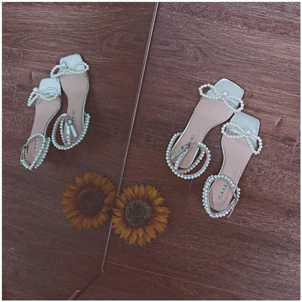 Sexy Été Argenté Dansant Sandales Femme 2020 Cuir Perle Bride Cheville 5 cm Talons Épais Peep Toes / Bout Ouvert Sandales
