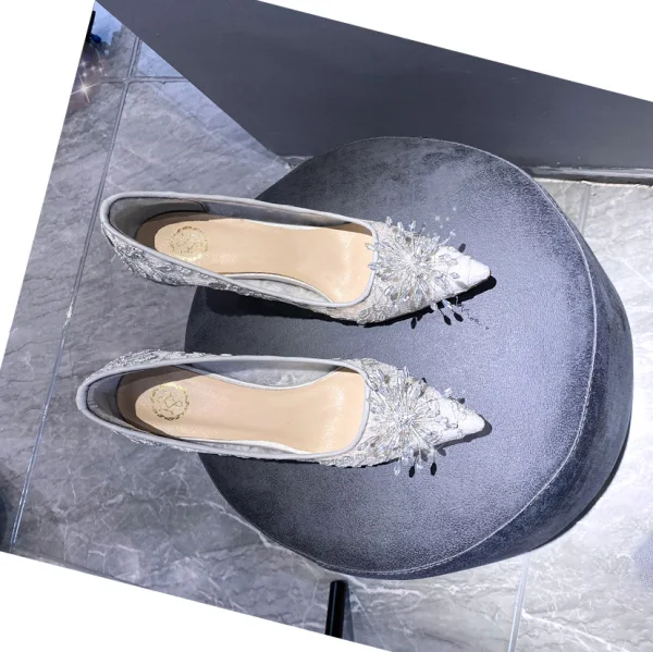 Charming Grey Crystal Wedding Shoes 2020 Lace 8 cm Stiletto Heels Pointed Toe Wedding Pumps