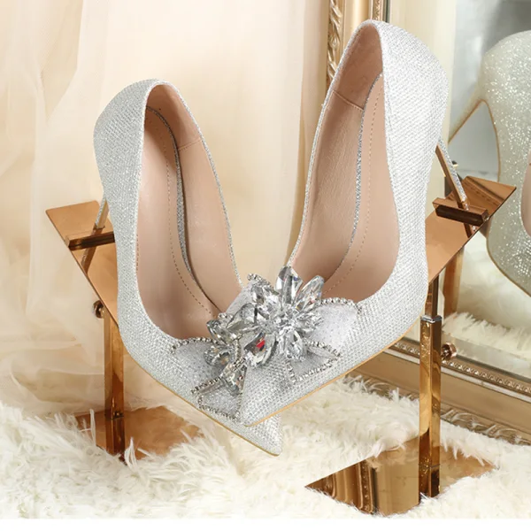 Charmig Silver Kristall Brudskor 2020 Rhinestone 10 cm Stilettklackar Spetsiga Bröllop Pumps