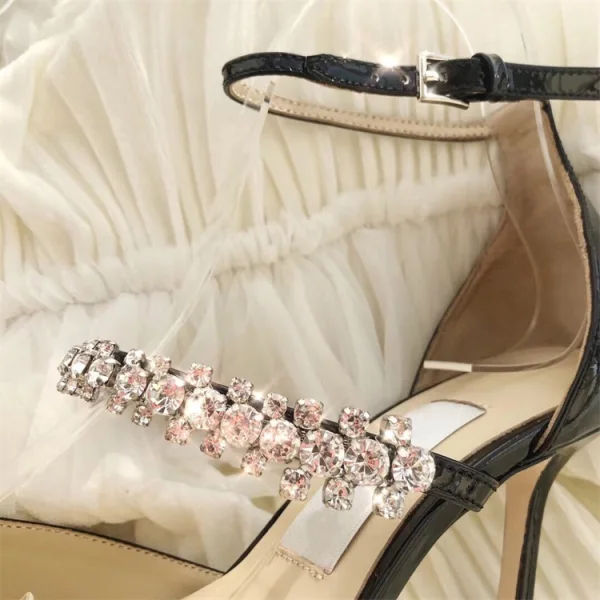 Chic / Belle Beige Vêtement de rue Sandales Femme 2020 Cuir Faux Diamant Bride Cheville 9 cm Talons Aiguilles À Bout Pointu Sandales