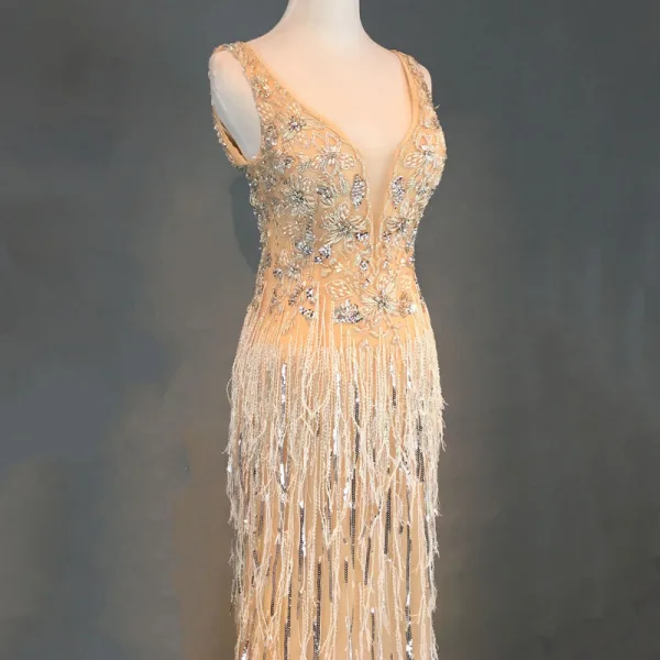 Luxury / Gorgeous Champagne Evening Dresses 2018 Trumpet / Mermaid Beading Tassel U-Neck Backless Sleeveless Floor-Length / Long Formal Dresses