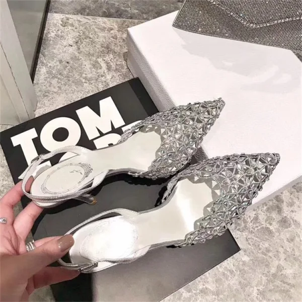 Charming Silver Cocktail Party Rhinestone Womens Sandals 2020 Leather Slingbacks 10 cm Stiletto Heels Pointed Toe Sandals