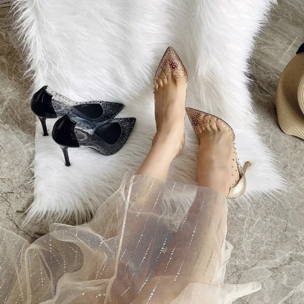 Transparent Schöne Schwarz Cocktail Strass Pumps 2020 Leder 9 cm Stilettos Spitzschuh Pumps