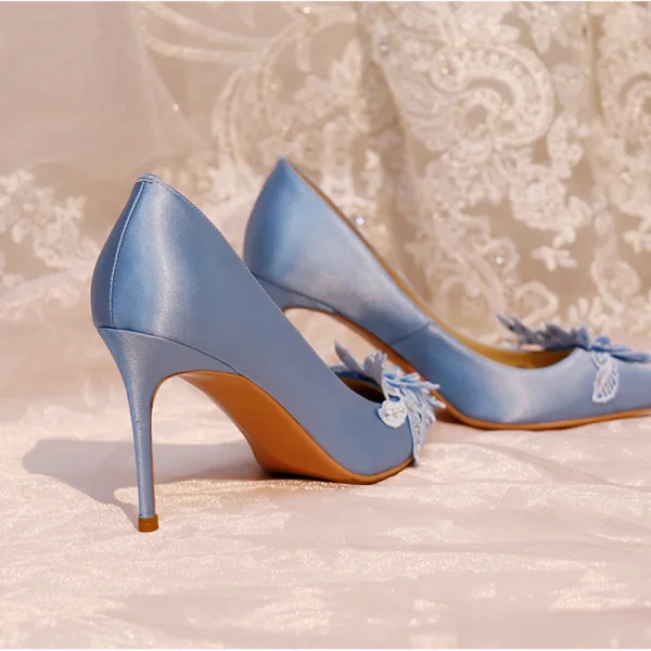 Elegant Pool Blue Bridesmaid Pumps 2020 Satin Lace Flower Rhinestone 8 cm Stiletto Heels Pointed Toe Pumps