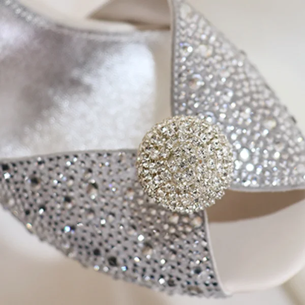 Sparkly Silver Rhinestone Wedding Shoes 2020 Ankle Strap 9 cm Stiletto Heels Open / Peep Toe Wedding Sandals
